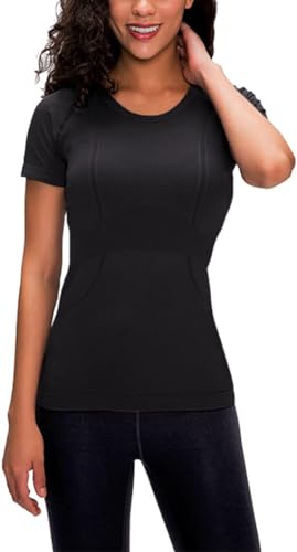 Women's Seamless Tops Short Sleeve Shirts Perfect Yoga Gym Top for Sports & Fitness Top Slim Fit (US, Alpha, Medium, Regular, Regular, Onyx Black Short Sleeve)