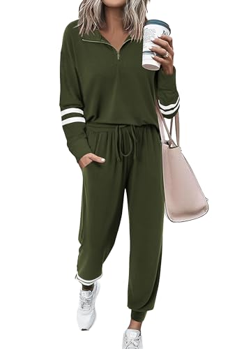 PRETTYGARDEN Women's 2 Piece Tracksuit Sets Striped 1/4 Zip Pullover Tops Long Pants Sweatsuit Outfits (Army Green,Small)