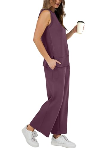 XIEERDUO Women's Travel Outfits Sleeveless Wide Leg Tracksuit Two Piece Summer Sets 2 Pc Lounge Set Trendy Loungewear Casual Jumpsuit Purple XL