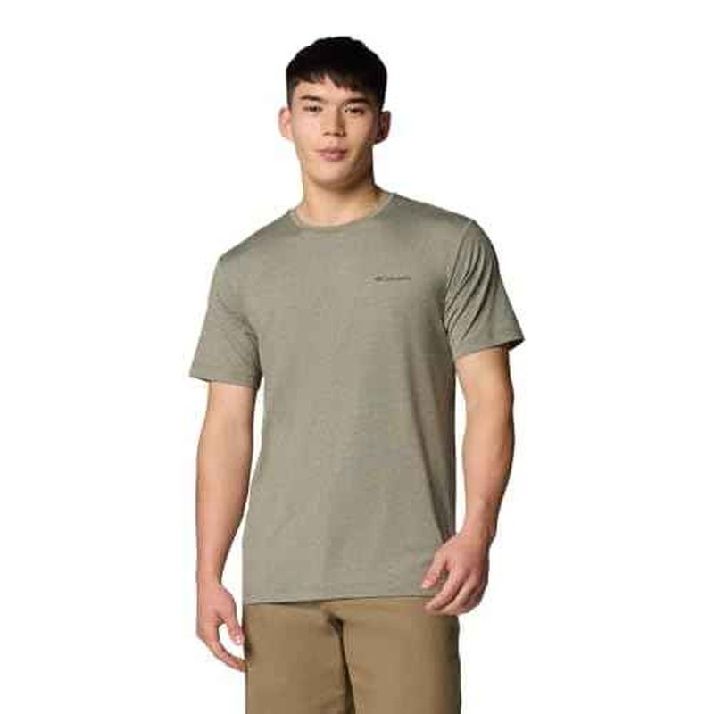 Columbia Men's Kwick Hike Back Graphic Short Sleeve Tee, Stone Green Heather/Linear View Multi, Medium