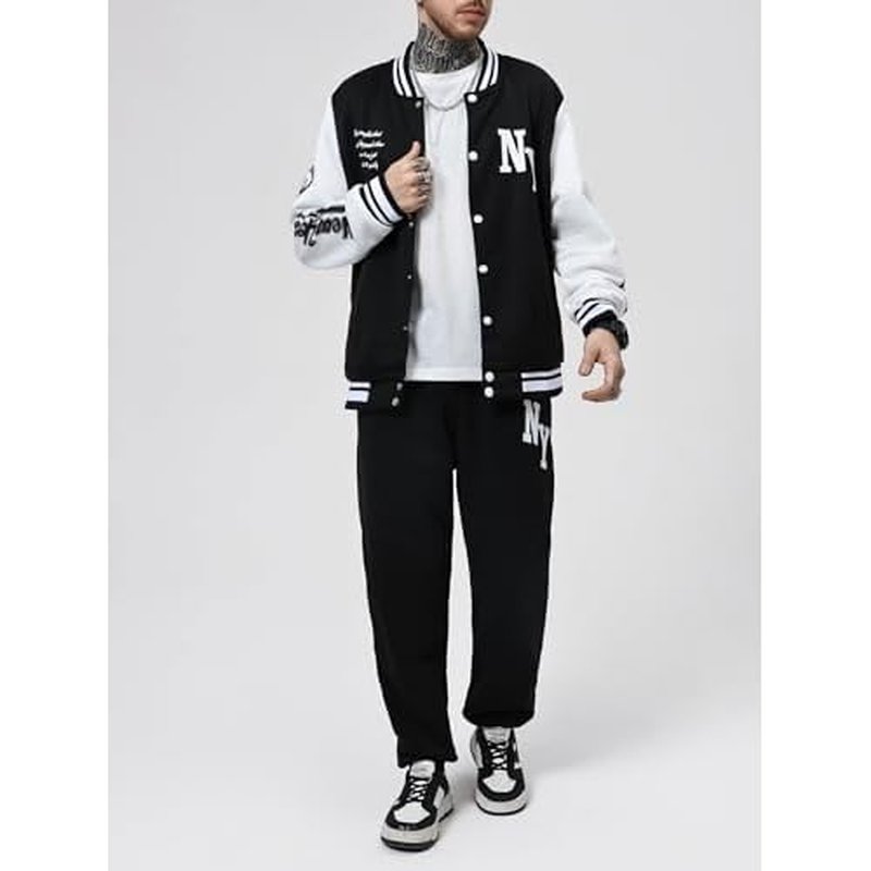 SOLY HUX Men's Tracksuit 2 Piece Outfits Color Block Letter Graphic Long Sleeve Varsity Jacket and Pants Set
