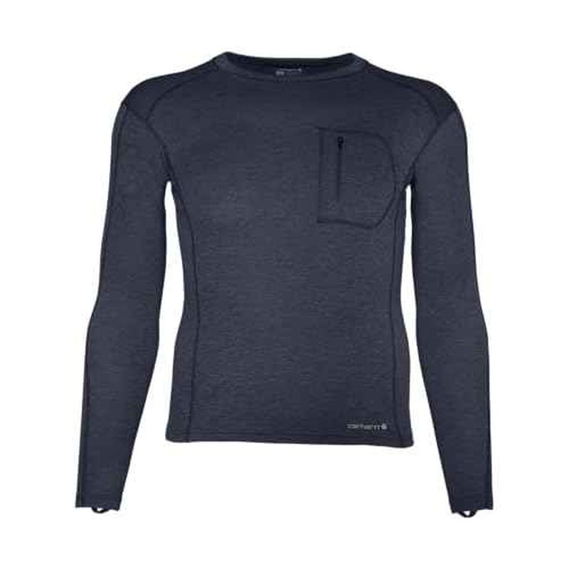 Carhartt Men's Force Midweight Synthetic-Merino Wool Blend Base Layer Crewneck Pocket Top, Navy Heather, Large US