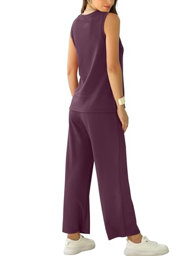 XIEERDUO Women's Travel Outfits Sleeveless Wide Leg Tracksuit Two Piece Summer Sets 2 Pc Lounge Set Trendy Loungewear Casual Jumpsuit Purple XL