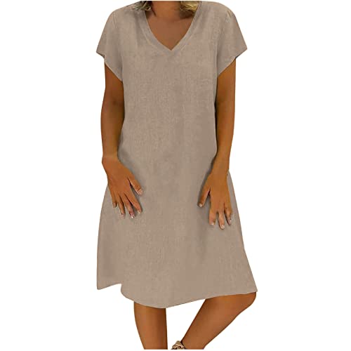 Generic Lightening Deals Women's Cotton Linen Knee Length Dress V Neck Short Sleeve Causal Loose Tshirt Dresses Summer Loose Shift Tunic Dress Robe Ceremonie Femme Khaki, 3X-Large