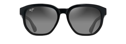 Maui Jim Akahai AF Round Sunglasses, Shiny Black W/Trans Light Grey/Neutral Grey Polarized, Large