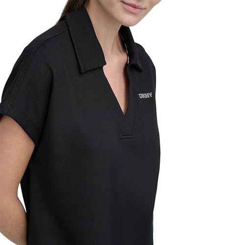 DKNY womens Studded Logo Short Sleeve Collared V-neck T-shirt Dress