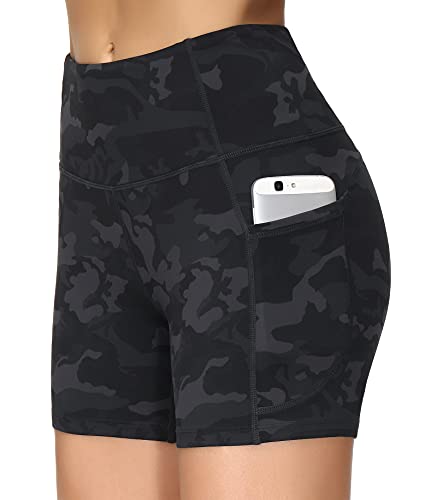 THE GYM PEOPLE High Waist Yoga Shorts for Women Tummy Control Fitness Athletic Workout Running Shorts with Deep Pockets (Large, Black Camo)