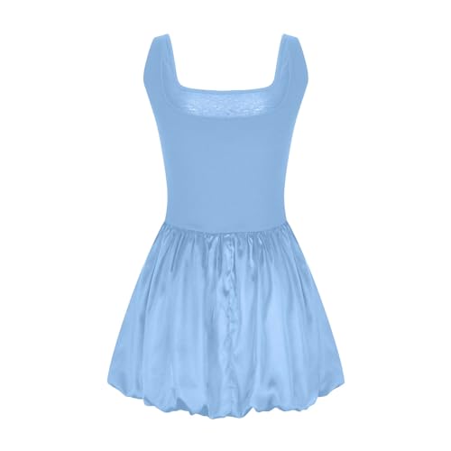 Women's Mini Dresses Tennis Skirts 2024 Fashion Patchwork Solid Color Sleeveless Sports Tank Dress Beach Sundress Light Blue Large