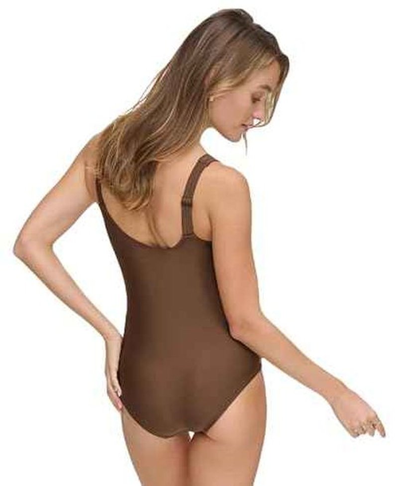DKNY Women's Twist Front Keyhole One Piece Swimsuit, Mocha Shimmer, X-Small