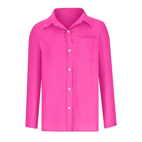 Brnmyaeo Womens Cotton Linen Shirts Casual 3/4 Sleeve Collared Button Down T Shirts Solid Loose Fit Work Blouses with Pocket Hot Pink