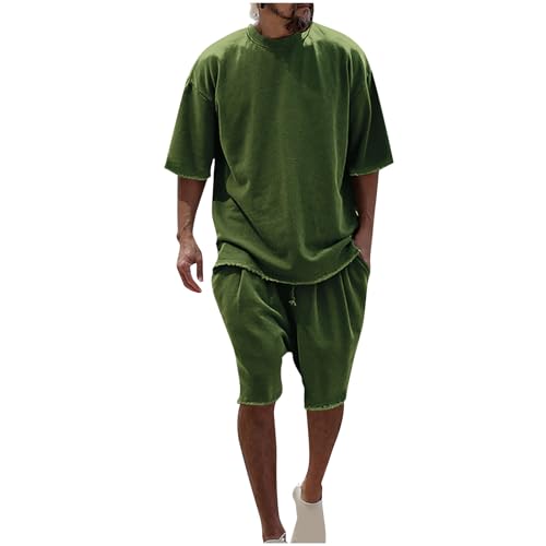 Generic Men's 2 Piece Outfits Casual Tracksuit Cargo Shorts Summer Athletic Drop Shoulder Sleeve Sportwear Set Round-Neck Solid Suits, Large, Army Green