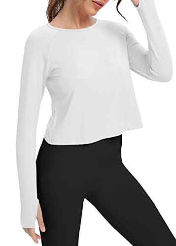 Bestisun Long Sleeve Workout Shirts Yoga Dance Top Split Back Gym Tennis Sports Exercise Training Shirt Women Stretch Fitness Crop Tops White M