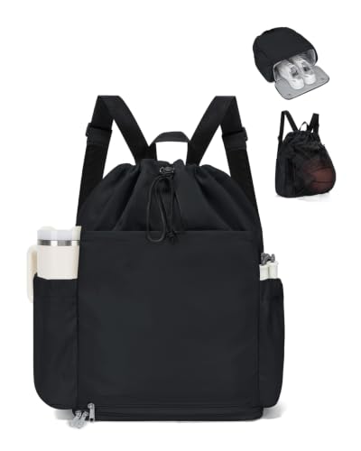 GreenTaya Black Drawstring Backpack with Shoe & Wet Compartments, Cup & Ball Holders