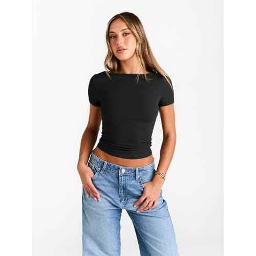 Trendy Queen Womens Boat Neck Tops Short Sleeve T-Shirts Slim Fitted Compression Summer Y2k Basic Clothes 2025