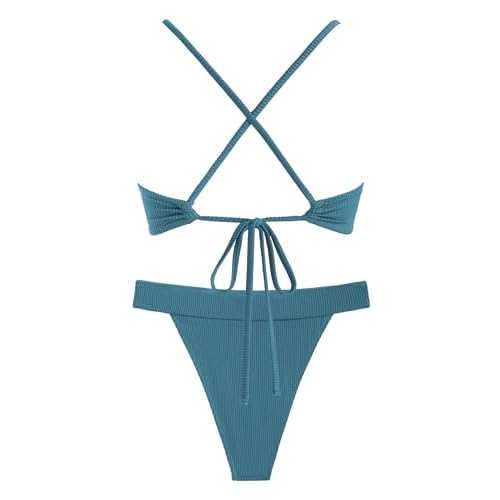 ZAFUL Women Bikini Sets Criss Cross Back Bathing Suit Knot Front Two Piece Swimwear Thong Cheeky Swimsuit Set