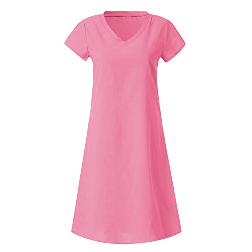 Generic Overstock Deals Women's Cotton Linen Knee Length Dress V Neck Short Sleeve Causal Loose Tshirt Dresses Summer Loose Shift Tunic Dress Robe Longue Femme ETE Pink, 3X-Large