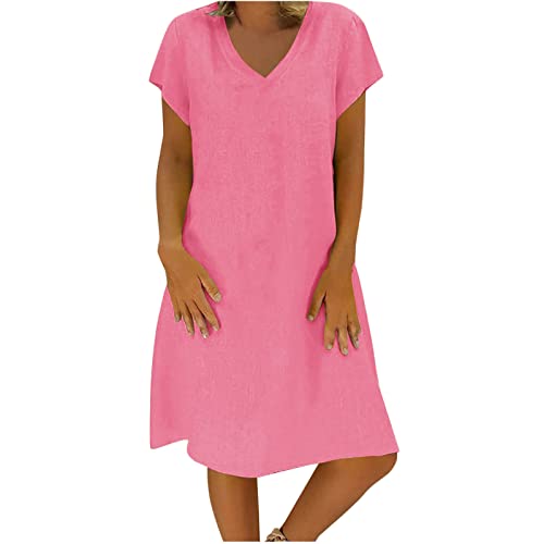 Generic Overstock Deals Women's Cotton Linen Knee Length Dress V Neck Short Sleeve Causal Loose Tshirt Dresses Summer Loose Shift Tunic Dress Robe Longue Femme ETE Pink, 3X-Large