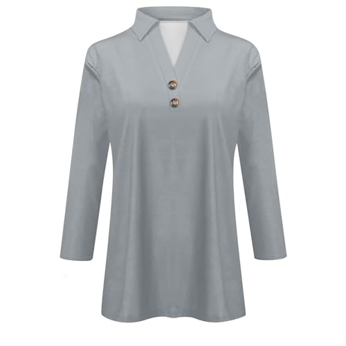 Generic My Orders,Polo Shirts for Women 3/4 Sleeve Button V Neck Polo Plain Business Fashion Cotton Casual Loose Fit Blouse Summer Tops for Women 2024 Trendy Womens and Blouses Tunic (Gray,XX)