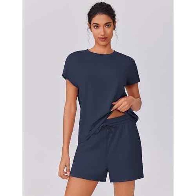 PINSPARK 2 Piece Sets for Women Summer Crewneck Matching Shorts Lounge Set with Pockets Casual Travel Outfits 2025 Trendy