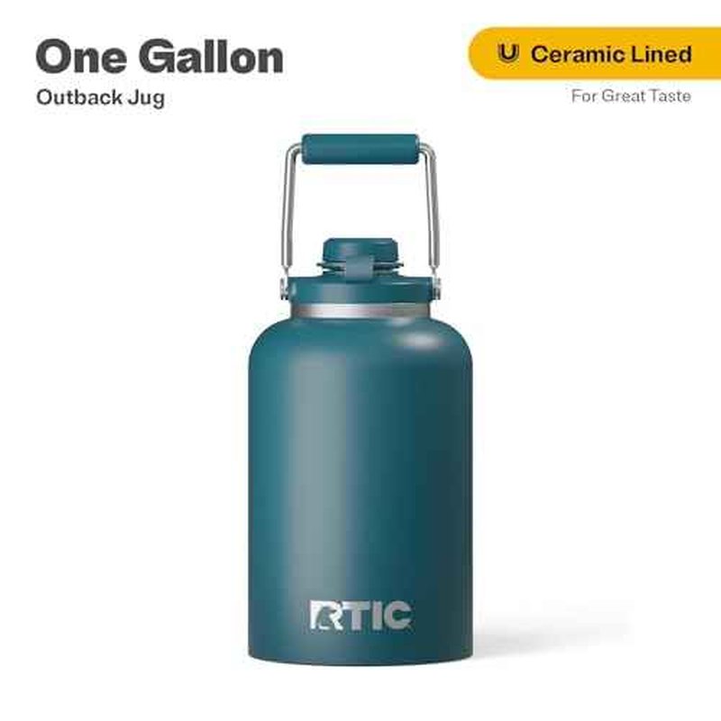 RTIC 1 Gallon Outback Jug, Stainless Steel, Insulated Water Bottle with Lid and Handle, BPA-Free, Double Wall Vacuum Insulation, Ceramic Lined, Marine