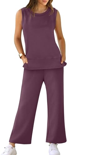 XIEERDUO Women's Travel Outfits Sleeveless Wide Leg Tracksuit Two Piece Summer Sets 2 Pc Lounge Set Trendy Loungewear Casual Jumpsuit Purple XL