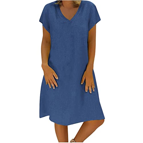 Generic Prime of Day Deals Today 2024 Clearance Women's Cotton Linen Knee Length Dress V Neck Short Sleeve Causal Loose Tshirt Dresses Summer Loose Shift Tunic Dress Vestido Verano Mujer Blue