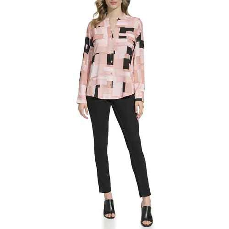 Calvin Klein Womens Printed Roll Tab Sleeve Blouse