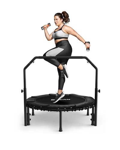 BCAN 450/550 LBS Foldable Mini Trampoline, 40"/48" Fitness Trampoline with Bungees, U/T Shape Adjustable Foam Handle, Stable & Quiet Exercise Rebounder for Kids Adults Indoor/Garden Workout