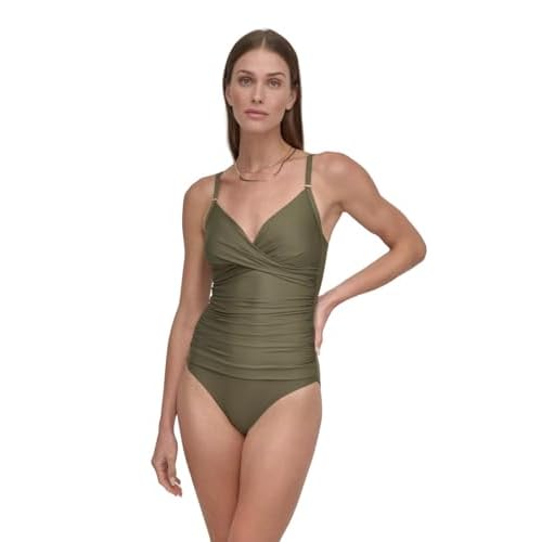 DKNY Womens Surplice Ruched Spaghetti Strap One Piece Swimsuit with Tummy Control