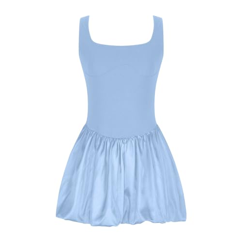 Women's Mini Dresses Tennis Skirts 2024 Fashion Patchwork Solid Color Sleeveless Sports Tank Dress Beach Sundress Light Blue Large