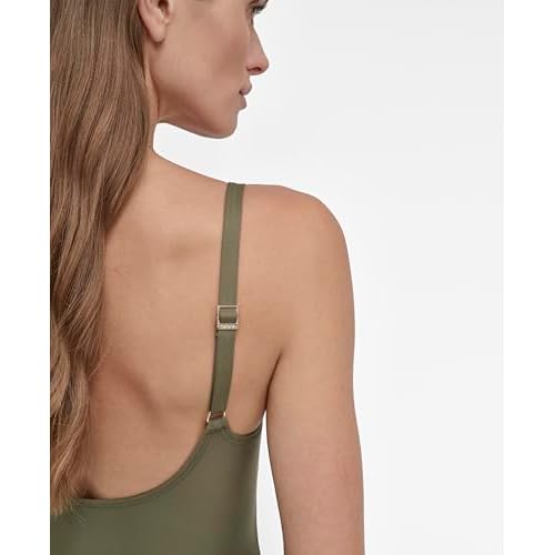 DKNY Womens Surplice Ruched Spaghetti Strap One Piece Swimsuit with Tummy Control