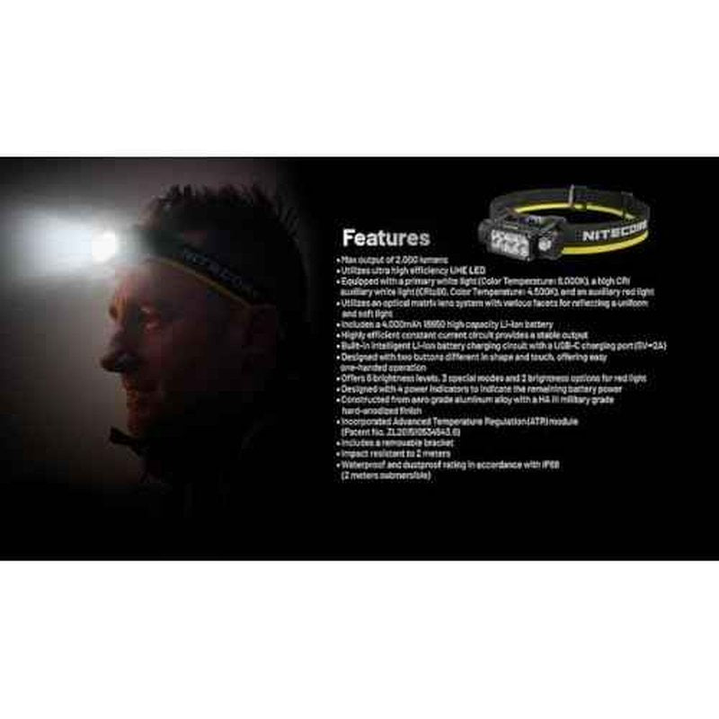 Nitecore HC65 UHE Ultra High Triple Output Metal Headlamp - 2,000 Lumens w/Storage case, Battery, and Eco Sensa USB C Cable Included