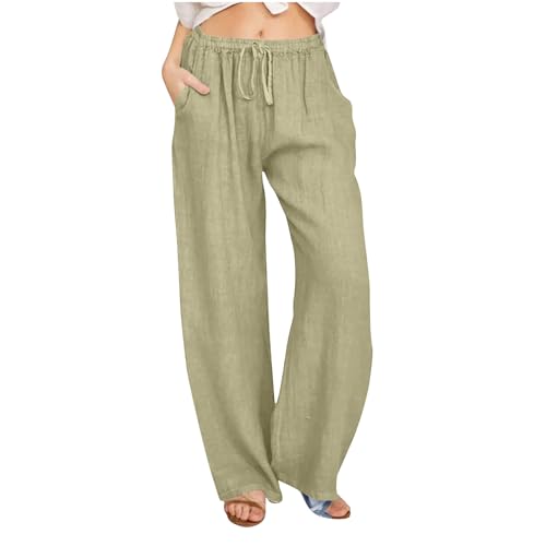 Linen Pants Women Summer Casual Drawstring Wide Leg Palazzo Pants Elastic Waist Cotton Lounge Trousers with Pockets Green