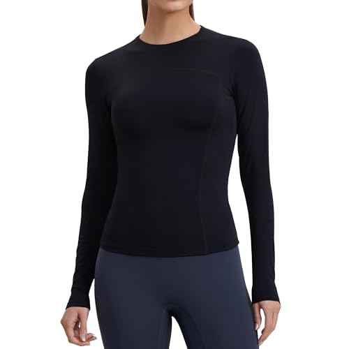 Womens Yoga Tops Long Sleeve Tight Workout Shirts Slim Fit Stretch Cream Feeling Gym Athletic Tee Crewneck