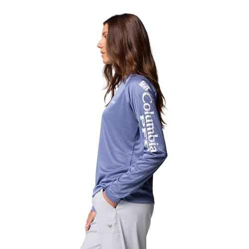Columbia Womens PFG Tidal Tee II Long Sleeve Sun Protection Shirt, Bluebell Heather/White Logo, XX-Large