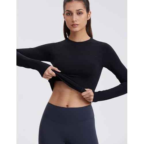 Womens Yoga Tops Long Sleeve Tight Workout Shirts Slim Fit Stretch Cream Feeling Gym Athletic Tee Crewneck