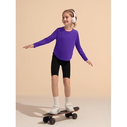 Haloumoning Girls Athletic Shirts Kids Long Sleeve Active Sports T Shirts Quick Dry Tunic Tops Basic Tees 5-14 Years