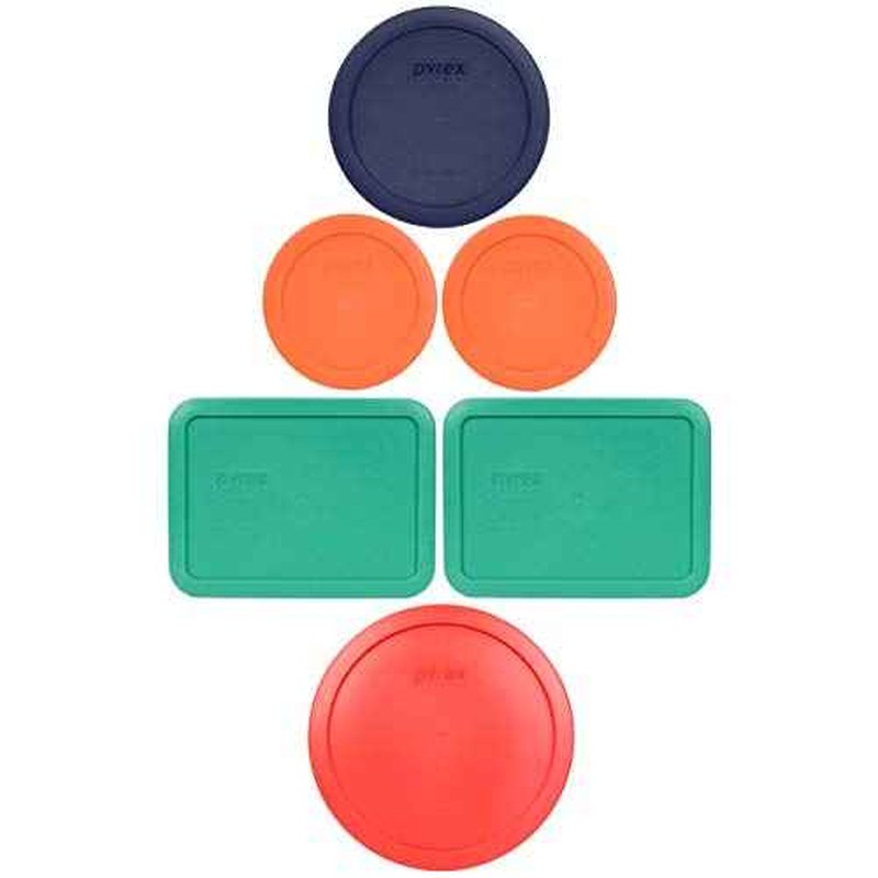 Pyrex (1) 7402-PC 6/7-Cup Red, (2) 7210-PC 3-Cup Light Green, (1) 7201-PC 4-Cup Blue, and (2) 7200-PC 2-Cup Orange Food Storage Lids - Made in USA