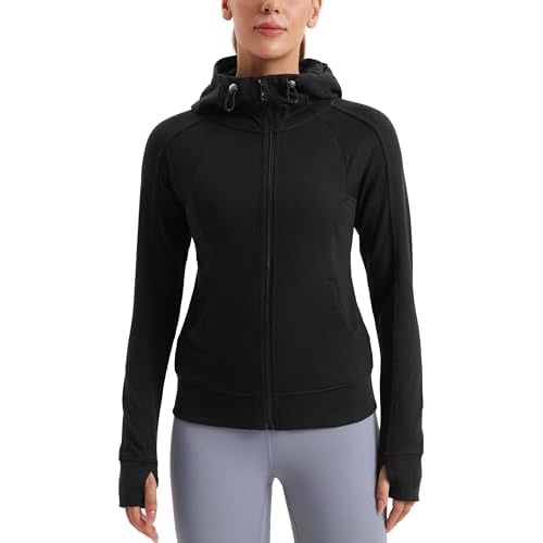 CRZ YOGA Womens Fleece Full Zip Hoodie Jackets Workout Hooded Zipper Basic Casual Sweatshirts with Thumb Holes