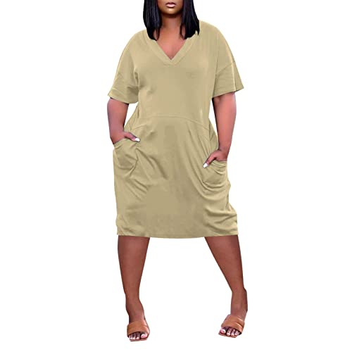 Plus Size Dresses for Curvy Women Oversize T Shirt Midi Dress Loose Short Sleeve V Neck Beach Dress Casual Tshirt Dress Trendy Lounge Elegant Summer Dress Womens Comfy Going Out Dress Plus Size Dress