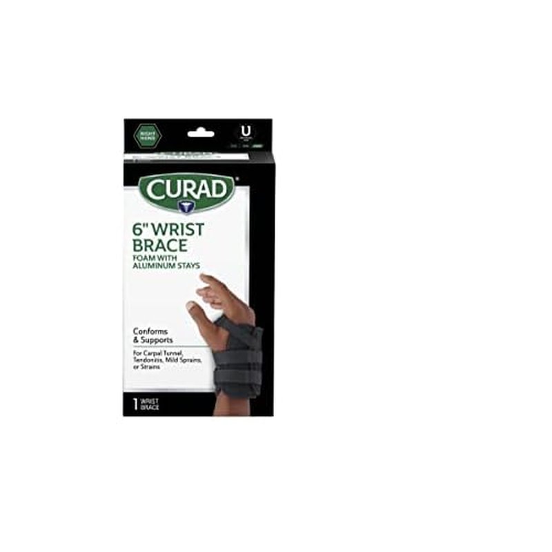 CURAD Low-Profile Universal Wrist Splint, Movable Top Stay, Hook- and-Loop Attachment, Plush Foam, Universal Size, Right Hand, 6", Pack of 4