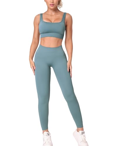 HORISUN Workout Sets 2 Piece Supportive Sports Bra Seamless Compression Yoga Leggings Matching Set Ribbed Crop Tops Tummy Gym Fitness Pants Outfits