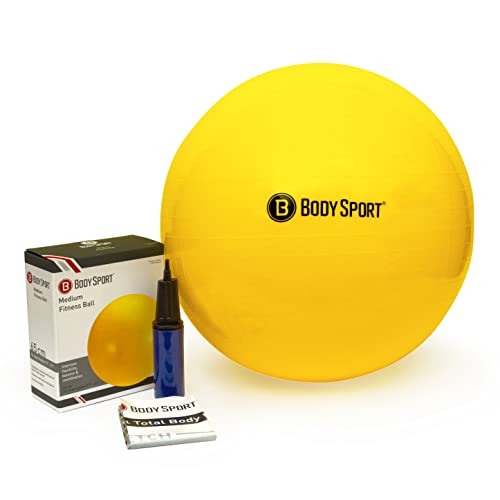 Body Sport Exercise Ball with Pump for Home, Gym, Balance, Stability, Pilates, Core Strength, Stretching, Yoga, Fitness Facilities, Desk Chairs – Yellow 65cm