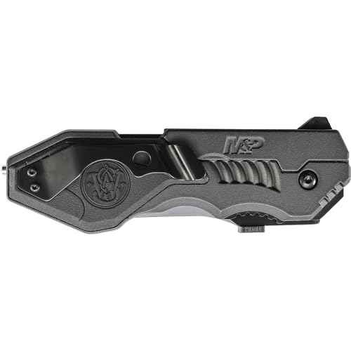 Smith & Wesson Large M.A.G.I.C. Assisted Opening Liner Lock Folding 3.6' Serrated Edge Clip Point 4034 Stainless Steel Blade with Aluminum and Rubber Handle Clam Pack,Grey