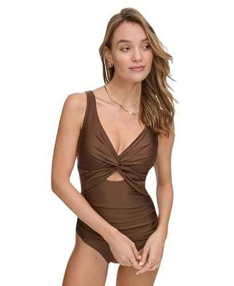 DKNY Women's Twist Front Keyhole One Piece Swimsuit, Mocha Shimmer, Small