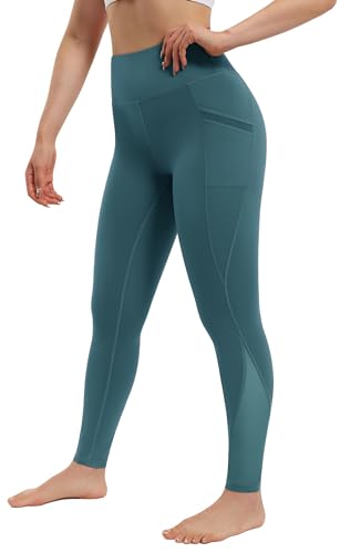 AFITNE Yoga Pants for Women High Waisted Mesh Leggings Athletic Workout Leggings with Pockets Gym Running Fitness Leggings Blue Green - M