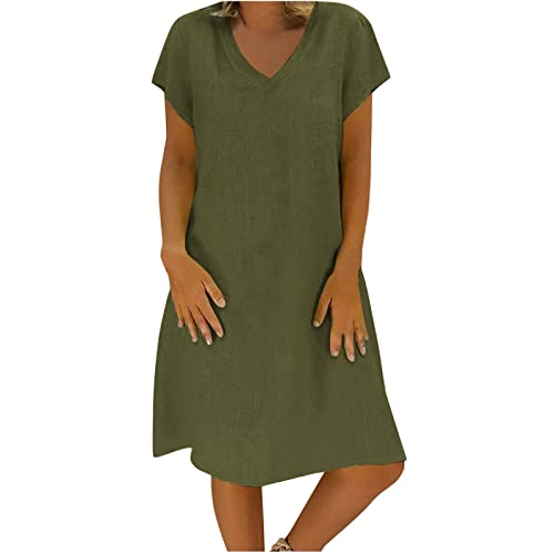 Generic Deal of The Prime of Day Today Women's Cotton Linen Knee Length Dress V Neck Short Sleeve Causal Loose Tshirt Dresses Summer Loose Shift Tunic Dress Vestidos De Fiesta Army Green, 3X-Large