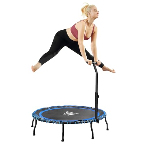 Vimexciter 40" Foldable Mini Fitness Trampoline with Adjustable Foam Handle, Exercise Rebounder for Adults Kids Indoor/Garden Exercise, Max Load 330lbs, Blue