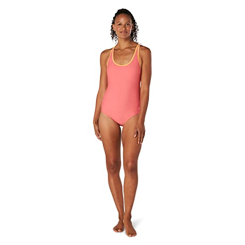 Speedo Women's Standard Swimsuit One Piece Contrast Binding High Cut, Sun Kissed Coral