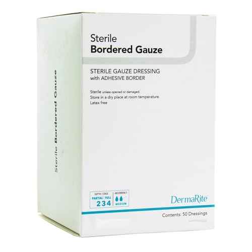 DermaRite's Sterile Bordered Gauze Dressing with Adhesive Border - Flexible Non-Linting Material, First-Aid, Individually Packaged - 2 in. x 2 in., 1 Count, 50 Packs, 50 Total